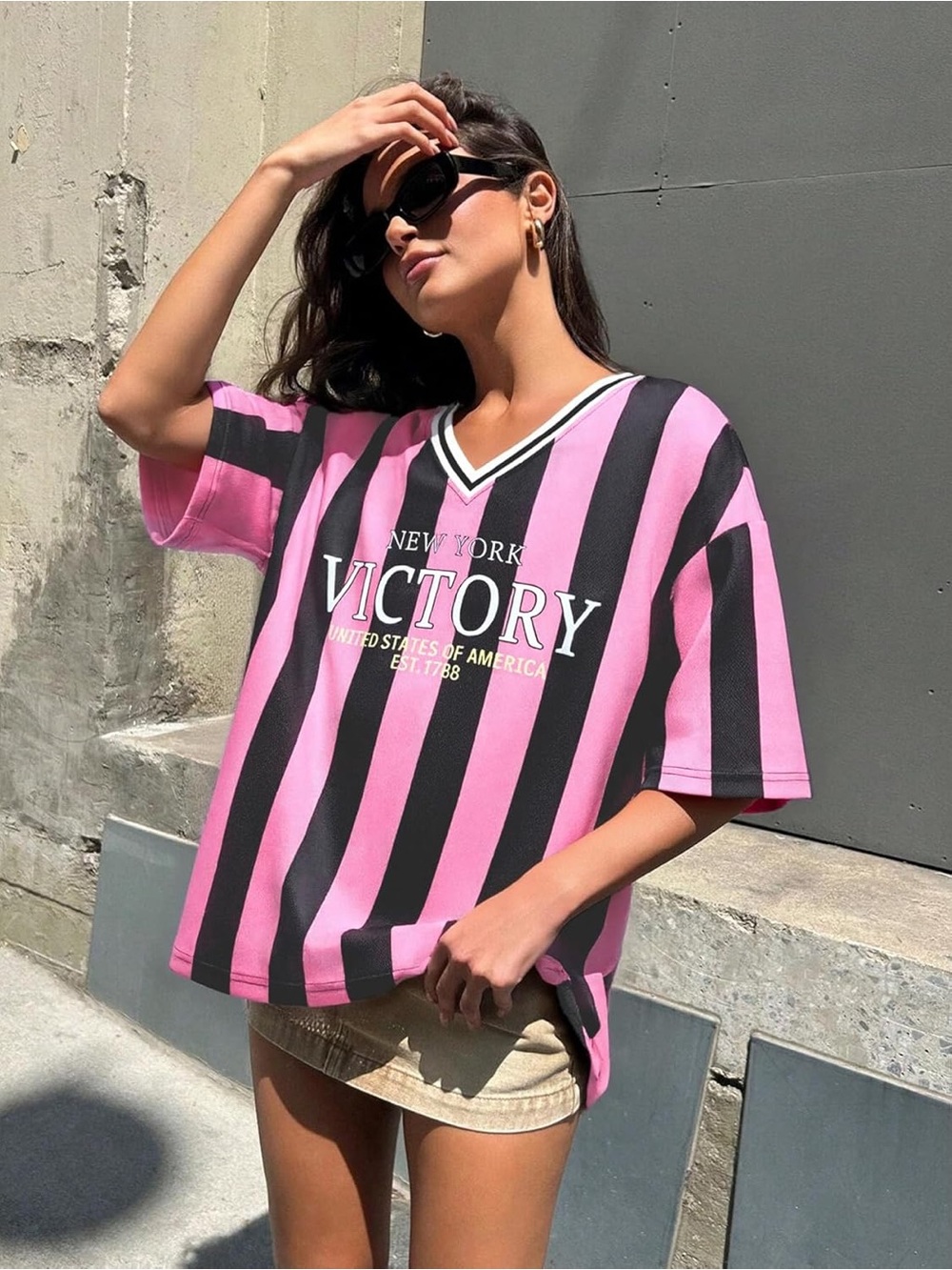 Victory Striped V-Neck Tee in Pink & Black